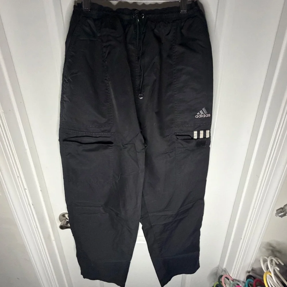 Vintage Adidas Adjustable Mens Black Nylon Cargo Windbreaker Track Pants 26x29